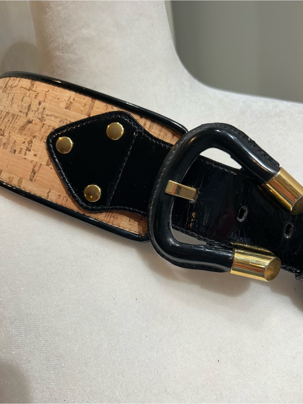 Carlisle Wide Black Patent Leather Cork Inset Belt with Gold Hardware Sz L. EUC - Picture 5 of 7